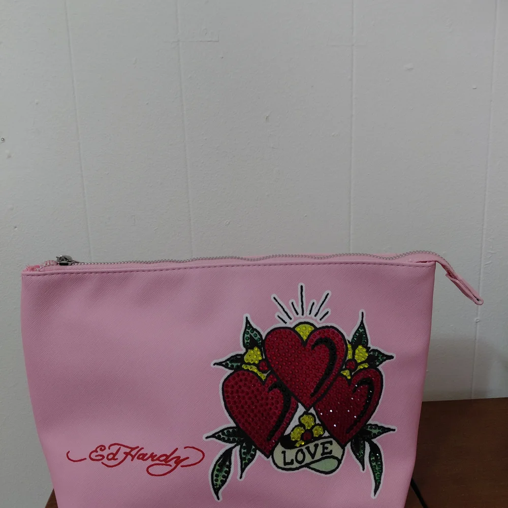 Ed Hardy Pink Heart Graphic Zip Cosmetic Pouch
